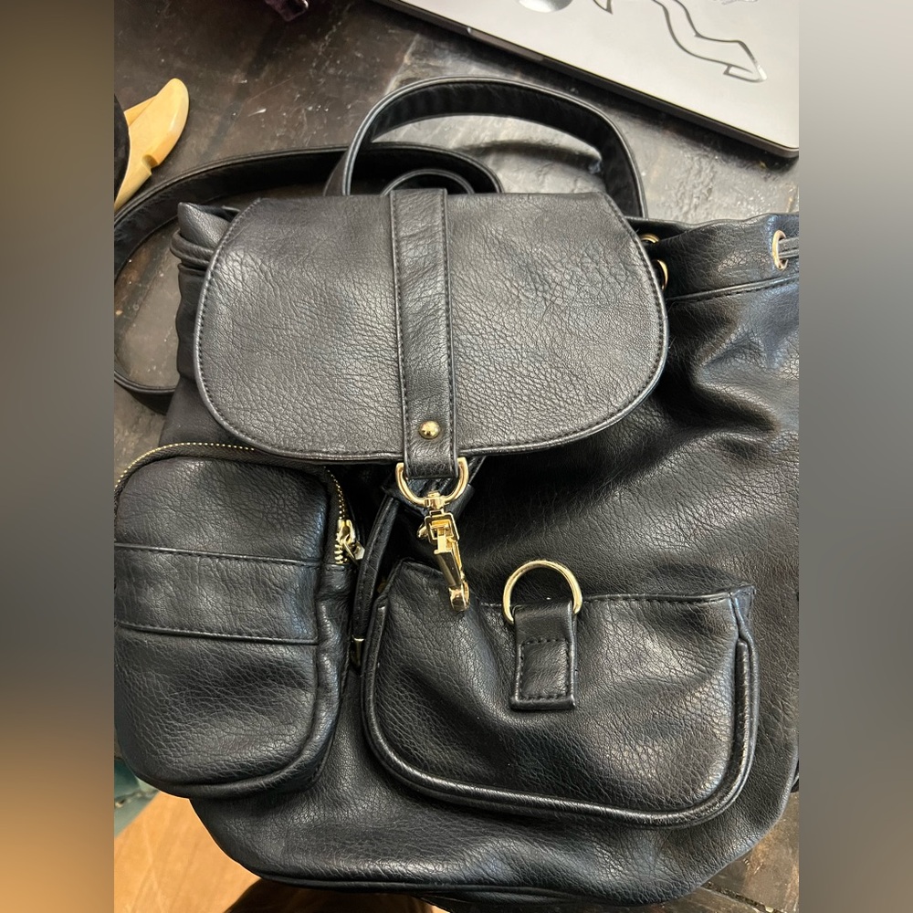 Black vegan/pleather backpack with Gold trim